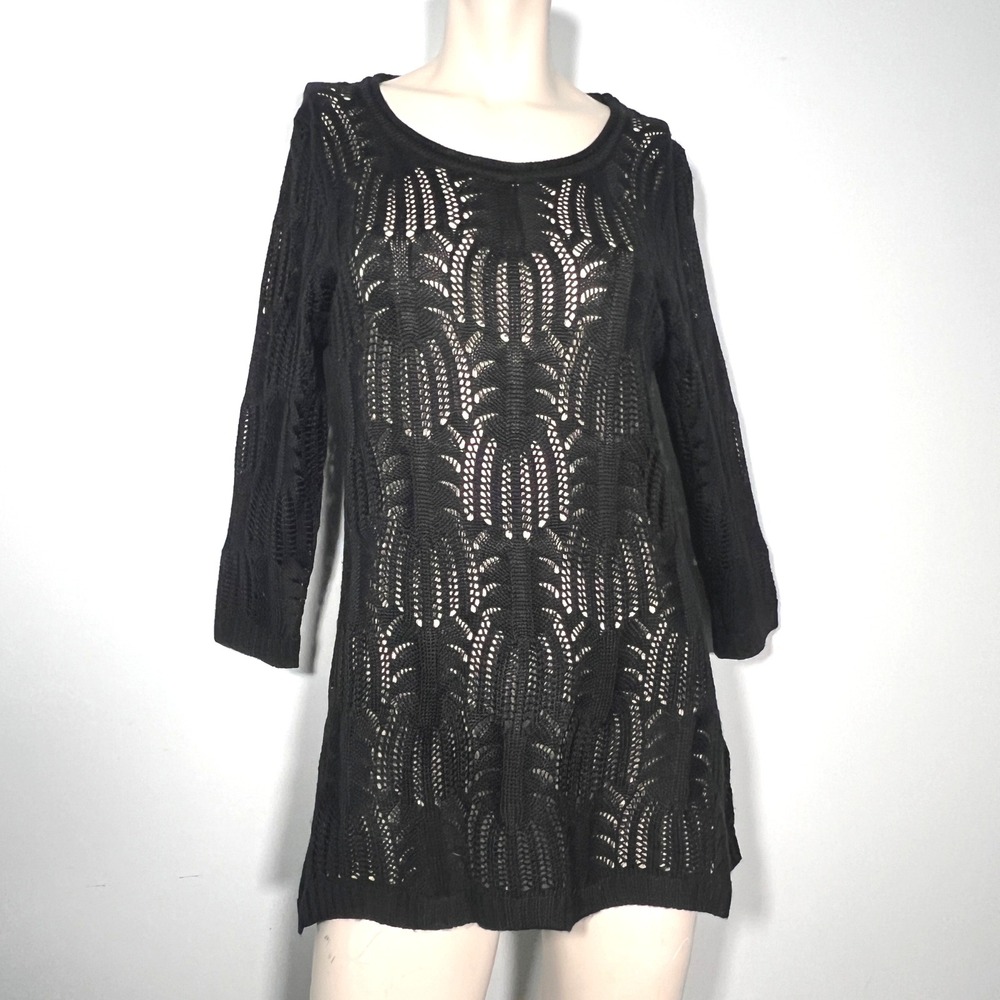 Sioni Black Open Crochet Knit Tunic Top M Gothic Whimsigoth‎ Scalloped Edge Sexy